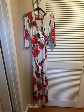 White Maxi Wrap Dress with Red Floral Print
